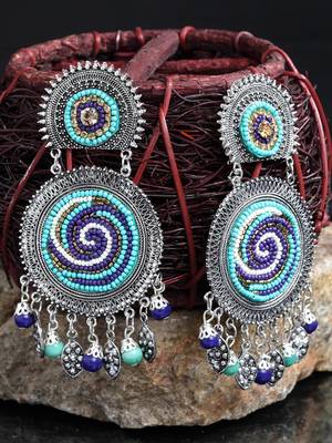 Handcrafted Hanging Pattern Blue Beads Afghan Design Silver Plated Brass Chandbalis 1
