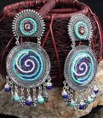 Handcrafted Hanging Pattern Blue Beads Afghan Design Silver Plated Brass Chandbalis