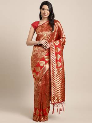 Red woven art silk saree with blouse 1