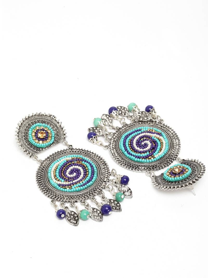 Handcrafted Hanging Pattern Blue Beads Afghan Design Silver Plated Brass Chandbalis