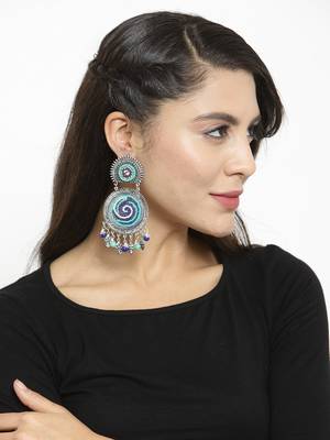 Handcrafted Hanging Pattern Blue Beads Afghan Design Silver Plated Brass Chandbalis 3