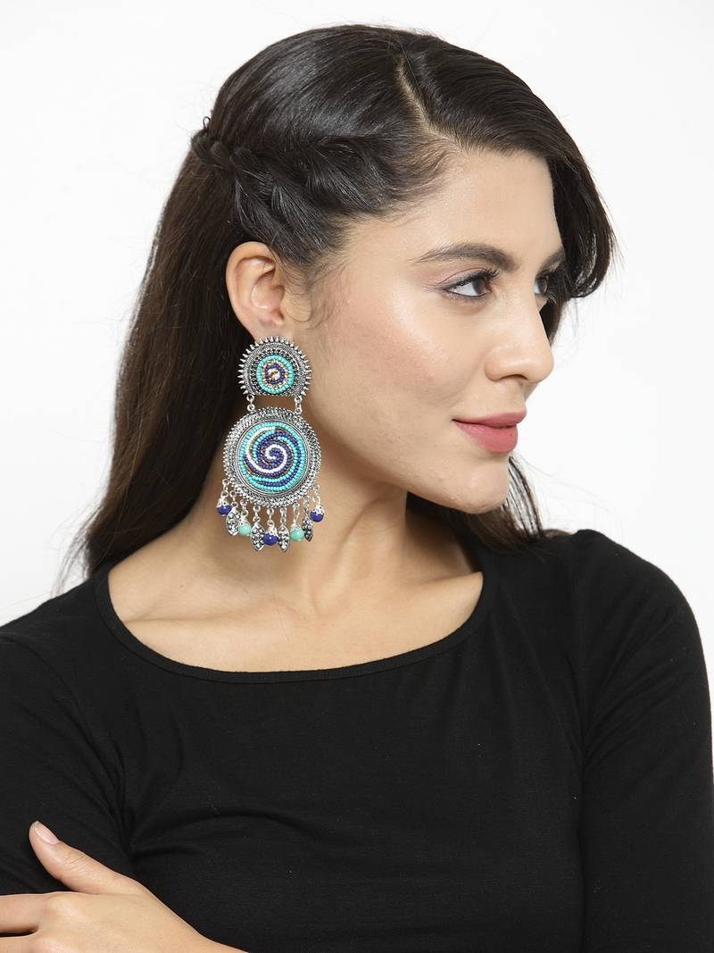 Handcrafted Hanging Pattern Blue Beads Afghan Design Silver Plated Brass Chandbalis