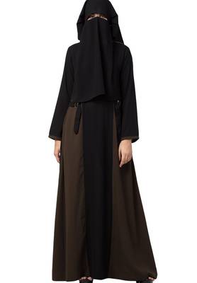 Dual Color Abaya Like Dress With Pockets And Buckled Belts Made In Nida Matte Fabric 5