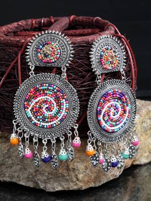 Handcrafted Hanging Pattern Multi Beads Afghan Design Silver Plated Brass Chandbalis 1