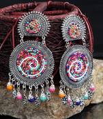 Handcrafted Hanging Pattern Multi Beads Afghan Design Silver Plated Brass Chandbalis