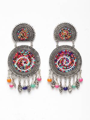 Handcrafted Hanging Pattern Multi Beads Afghan Design Silver Plated Brass Chandbalis 2