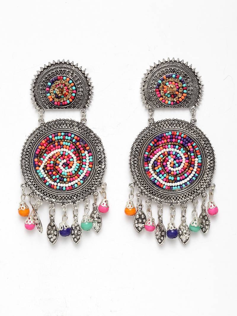 Handcrafted Hanging Pattern Multi Beads Afghan Design Silver Plated Brass Chandbalis