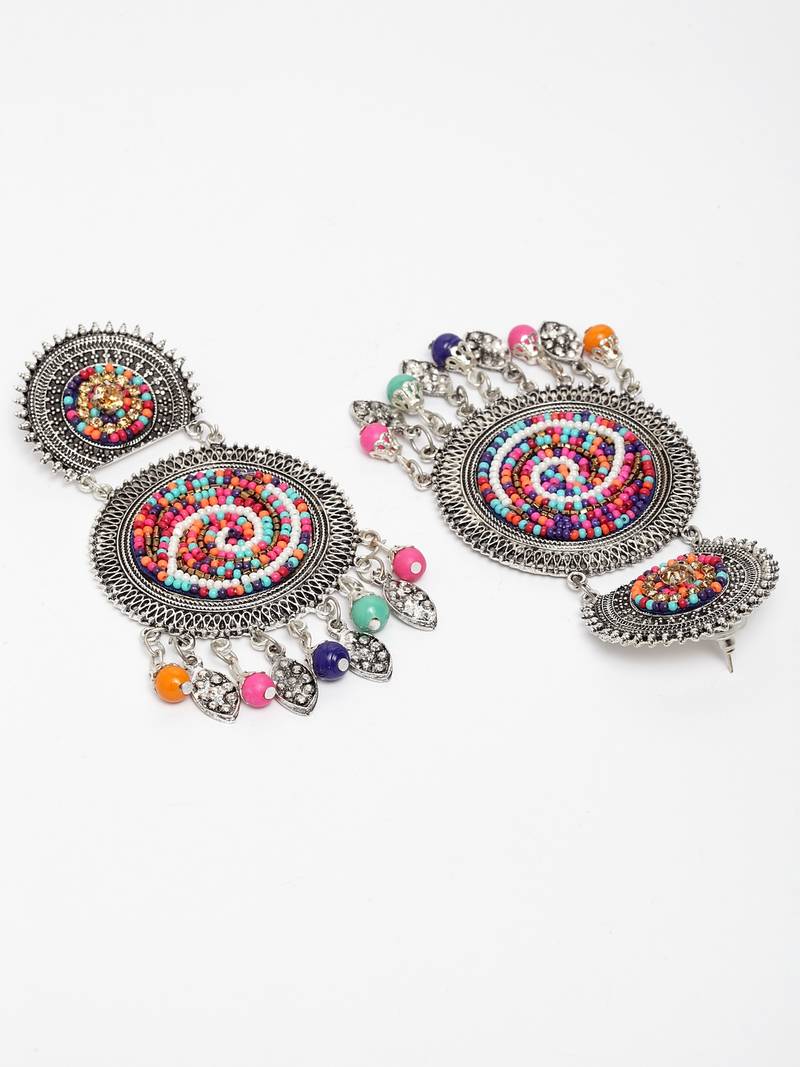 Handcrafted Hanging Pattern Multi Beads Afghan Design Silver Plated Brass Chandbalis