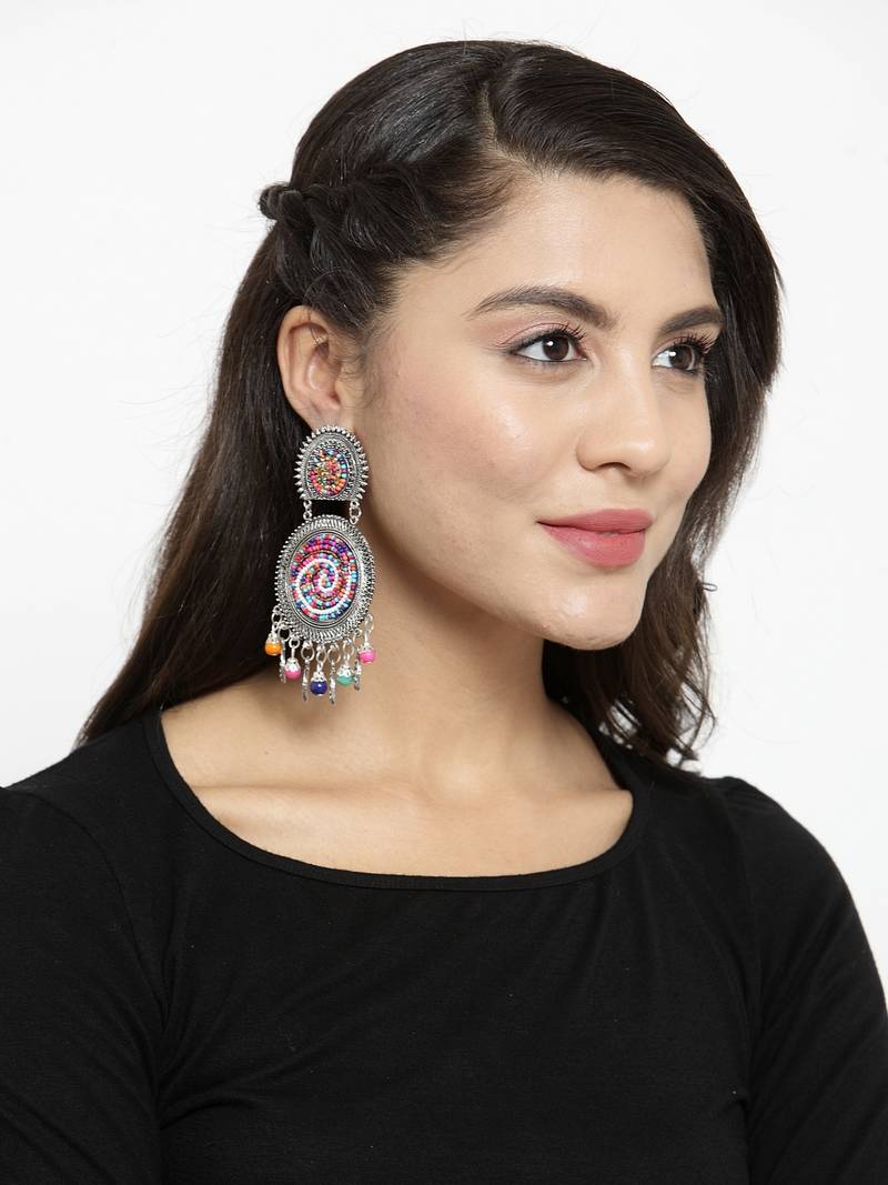 Handcrafted Hanging Pattern Multi Beads Afghan Design Silver Plated Brass Chandbalis