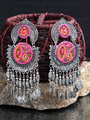 Handcrafted Hanging Pattern Pink Beads Royal Design Oxidised Silver Plated Brass Chandbalis 1