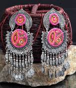 Handcrafted Hanging Pattern Pink Beads Royal Design Oxidised Silver Plated Brass Chandbalis