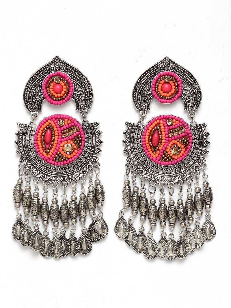 Handcrafted Hanging Pattern Pink Beads Royal Design Oxidised Silver Plated Brass Chandbalis