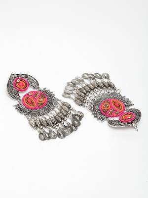 Handcrafted Hanging Pattern Pink Beads Royal Design Oxidised Silver Plated Brass Chandbalis 3