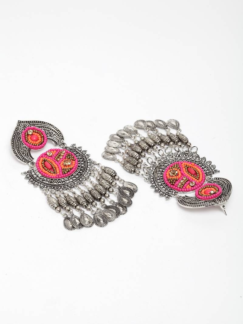 Handcrafted Hanging Pattern Pink Beads Royal Design Oxidised Silver Plated Brass Chandbalis