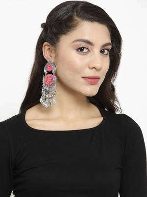 Handcrafted Hanging Pattern Pink Beads Royal Design Oxidised Silver Plated Brass Chandbalis 4