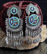 Handcrafted Hanging Pattern Blue Beads Royal Design Oxidised Silver Plated Brass Chandbalis