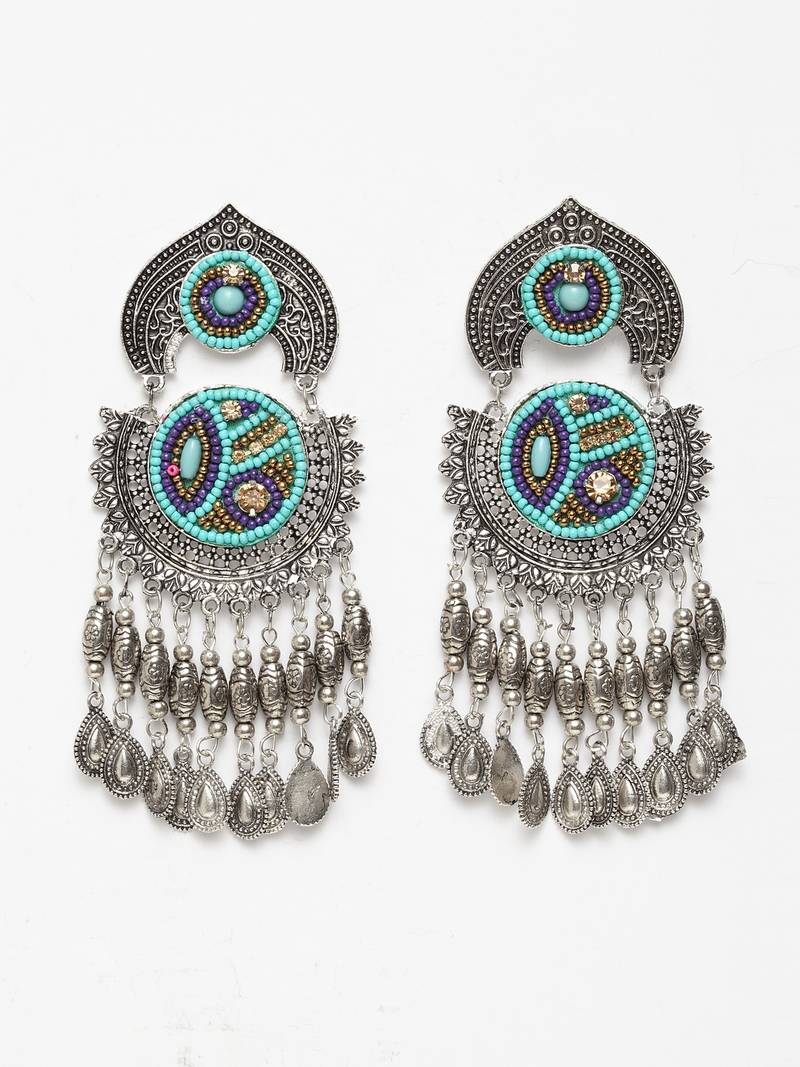 Handcrafted Hanging Pattern Blue Beads Royal Design Oxidised Silver Plated Brass Chandbalis