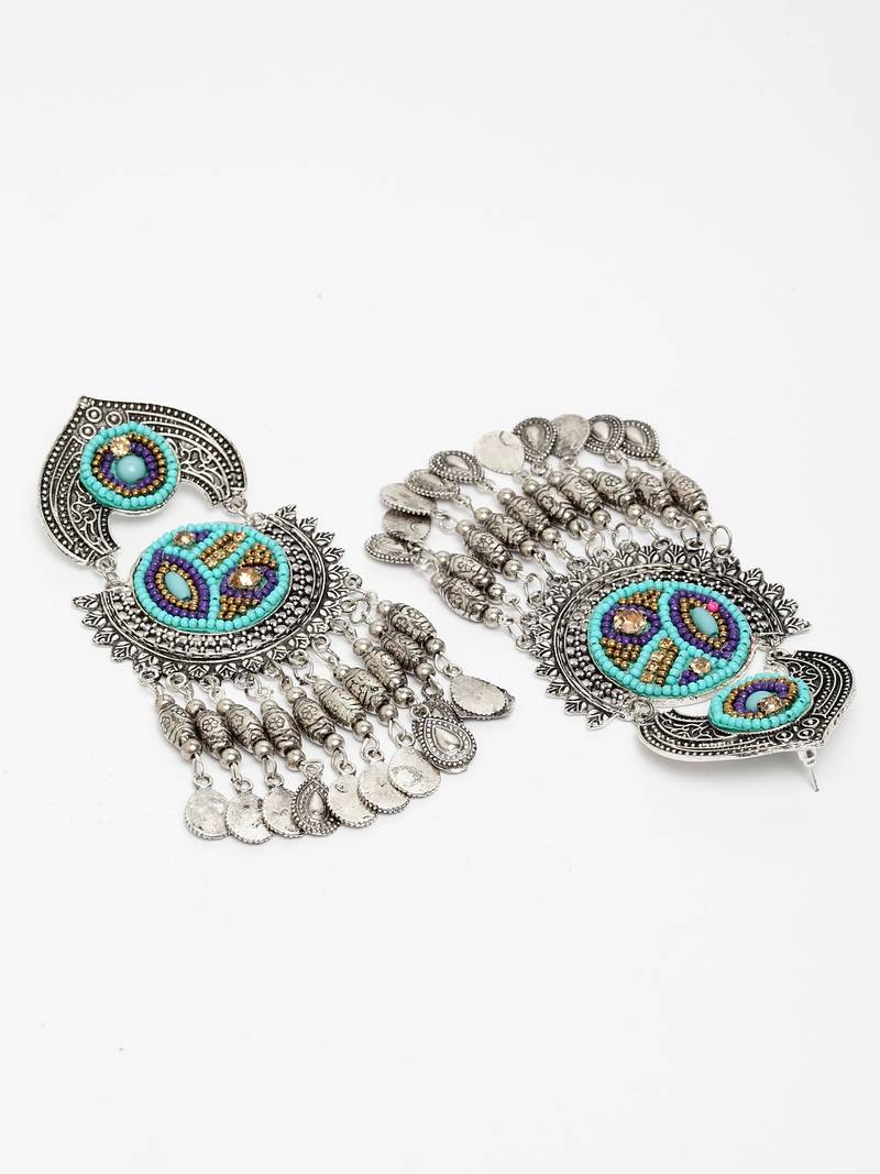 Handcrafted Hanging Pattern Blue Beads Royal Design Oxidised Silver Plated Brass Chandbalis