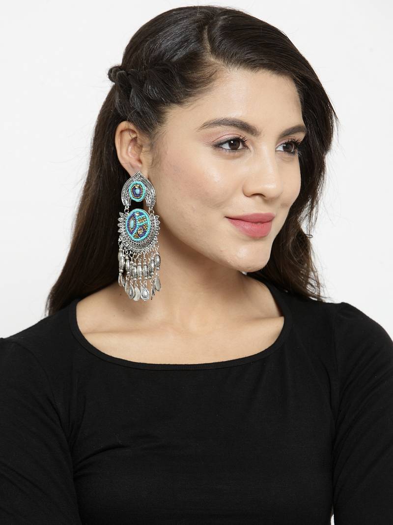 Handcrafted Hanging Pattern Blue Beads Royal Design Oxidised Silver Plated Brass Chandbalis