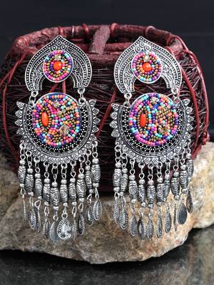 Handcrafted Hanging Pattern Multi Beads Royal Design Oxidised Silver Plated Brass Chandbalis 1