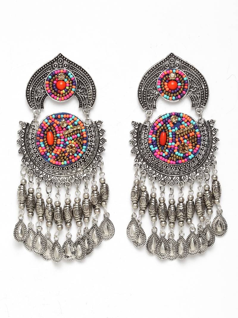 Handcrafted Hanging Pattern Multi Beads Royal Design Oxidised Silver Plated Brass Chandbalis