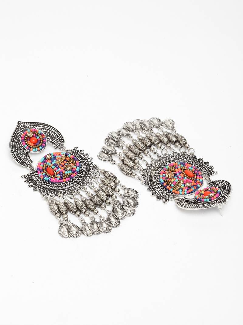 Handcrafted Hanging Pattern Multi Beads Royal Design Oxidised Silver Plated Brass Chandbalis