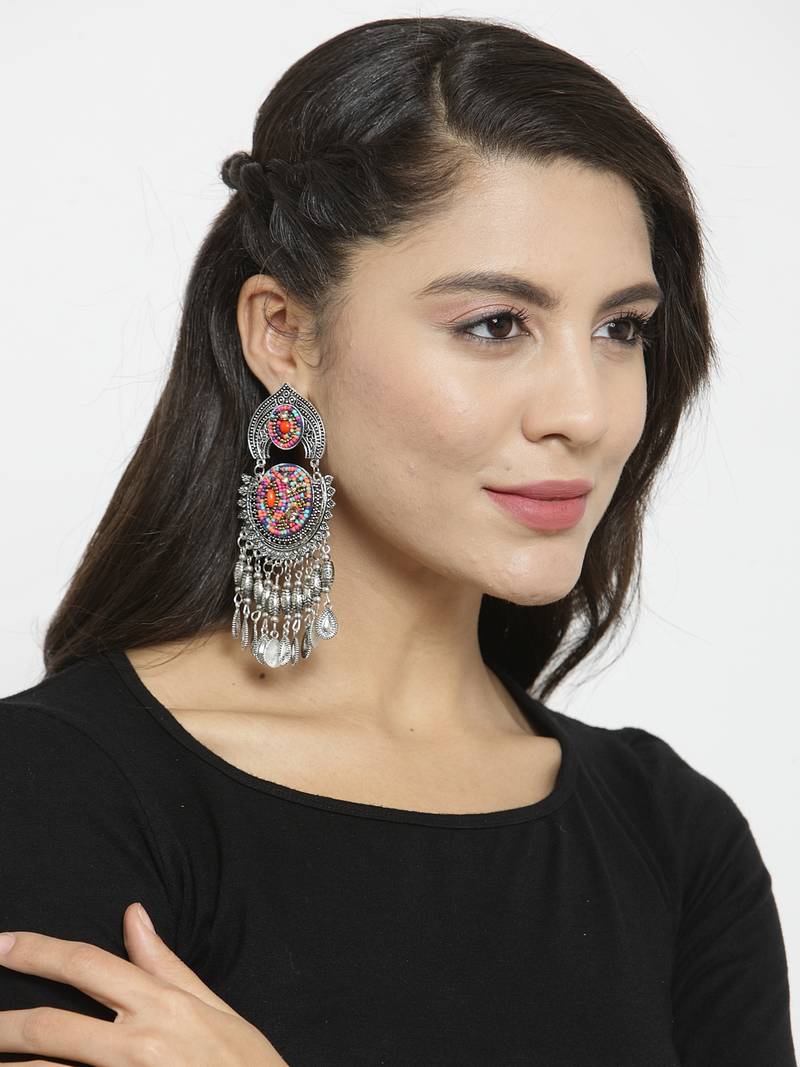 Handcrafted Hanging Pattern Multi Beads Royal Design Oxidised Silver Plated Brass Chandbalis