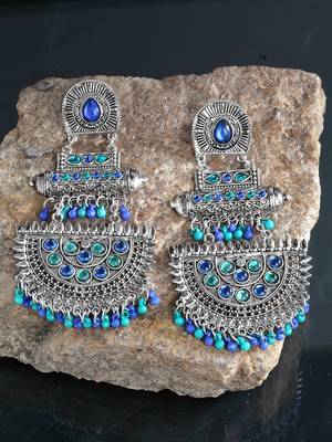 Handcrafted Blue Beads and Stones Oxidised Silver Plated Brass Chandbalis 1