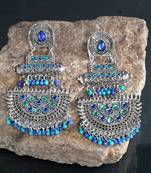 Handcrafted Blue Beads and Stones Oxidised Silver Plated Brass Chandbalis