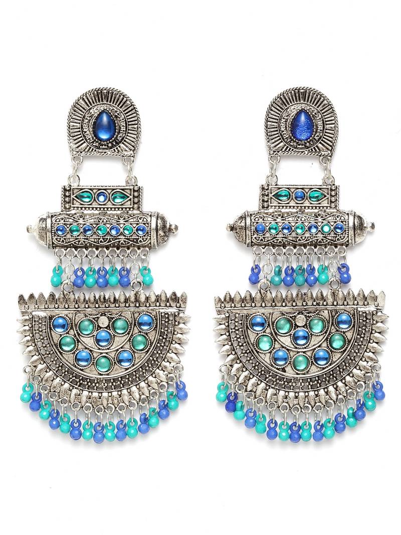 Handcrafted Blue Beads and Stones Oxidised Silver Plated Brass Chandbalis