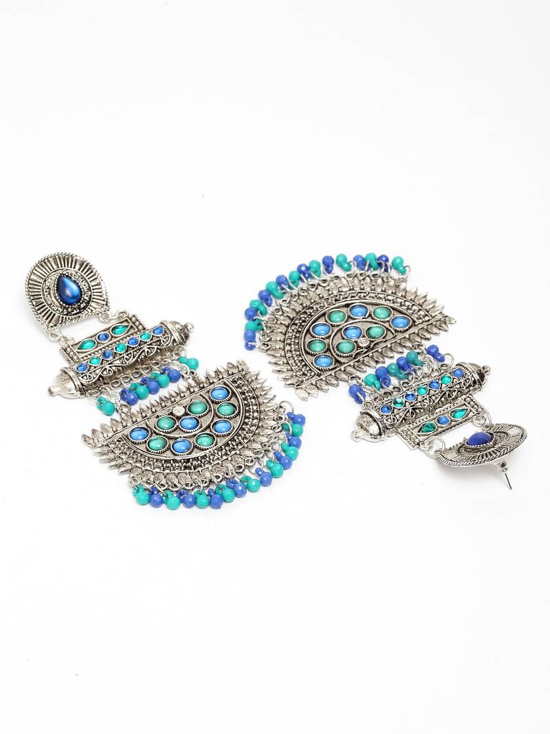 Handcrafted Blue Beads and Stones Oxidised Silver Plated Brass Chandbalis