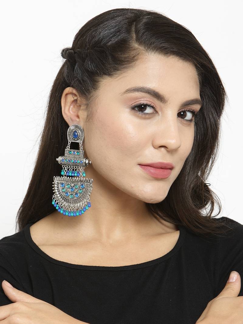 Handcrafted Blue Beads and Stones Oxidised Silver Plated Brass Chandbalis