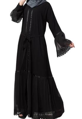 Front Open Abaya Dress With Lace Work And Layers Of Georgette 2