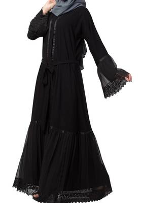 Front Open Abaya Dress With Lace Work And Layers Of Georgette 3