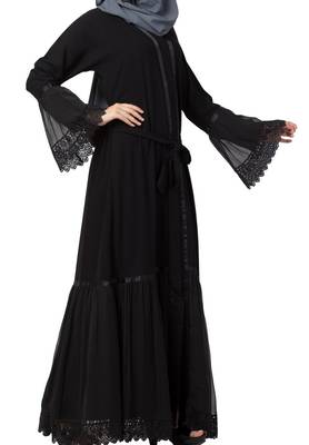 Front Open Abaya Dress With Lace Work And Layers Of Georgette 5