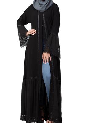 Front Open Abaya Dress With Lace Work And Layers Of Georgette 6