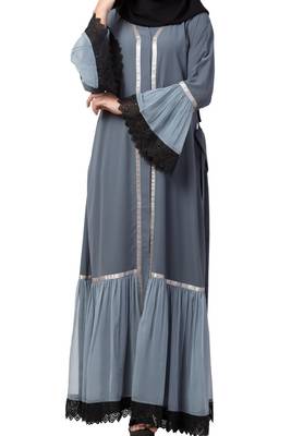 Front Open Abaya Dress With Lace Work And Layers Of Georgette 2