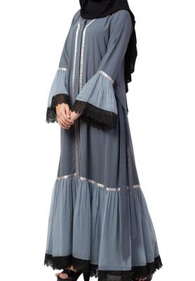 Front Open Abaya Dress With Lace Work And Layers Of Georgette 3