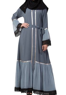 Front Open Abaya Dress With Lace Work And Layers Of Georgette 4