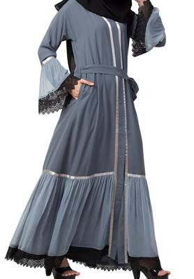 Front Open Abaya Dress With Lace Work And Layers Of Georgette 7