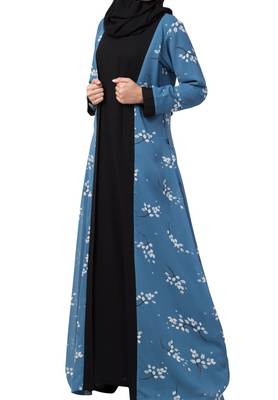 Dual Layer Abaya Dress With Printed Shrug Attached 2