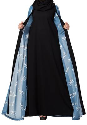Dual Layer Abaya Dress With Printed Shrug Attached 3