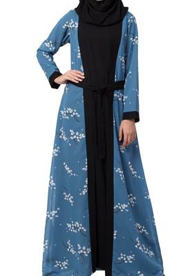 Dual Layer Abaya Dress With Printed Shrug Attached 4