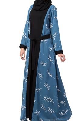 Dual Layer Abaya Dress With Printed Shrug Attached 5