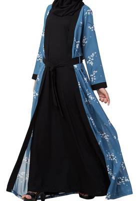 Dual Layer Abaya Dress With Printed Shrug Attached 6
