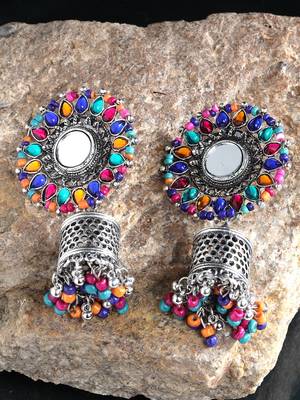 Handcrafted Mirror Multi Beads Stones Oxidised Silver Plated Floral Brass Afghan Jhumkas 1