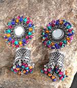 Handcrafted Mirror Multi Beads Stones Oxidised Silver Plated Floral Brass Afghan Jhumkas