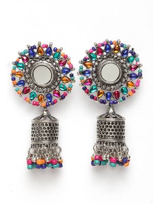 Handcrafted Mirror Multi Beads Stones Oxidised Silver Plated Floral Brass Afghan Jhumkas 2