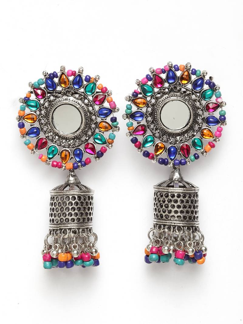 Handcrafted Mirror Multi Beads Stones Oxidised Silver Plated Floral Brass Afghan Jhumkas