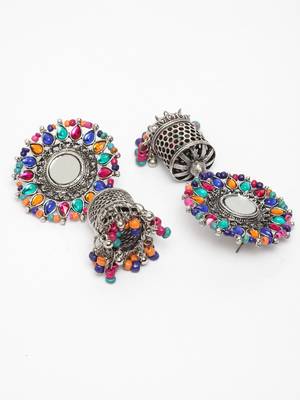 Handcrafted Mirror Multi Beads Stones Oxidised Silver Plated Floral Brass Afghan Jhumkas 3